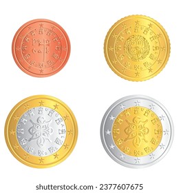 Obverse of Portugal Bronze, Golden and silver euro cents and euro coins isolated on white background in vector illustration