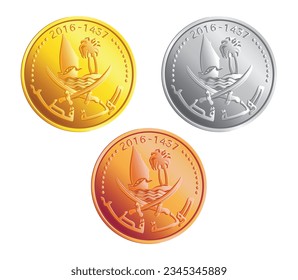 Obverse of Qatar copper, silver, bronze dirham coins isolated on white background in vector illustration