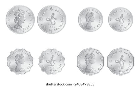 Obverse and reverse of 1970s Hong Kong Elizabeth One dollar, Two dollar, Five dollar coins isolated on white background in vector illustration svg