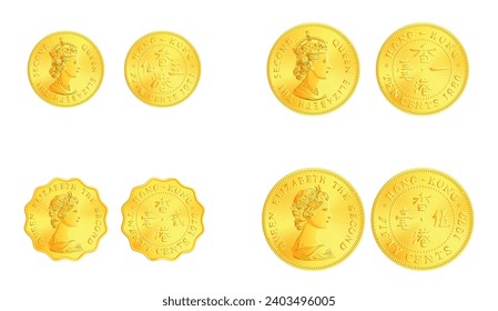 Obverse and reverse of 1970s Hong Kong Elizabeth Five cents, Ten cents, Twenty cents, Fifty cents coins isolated on white background in vector illustration