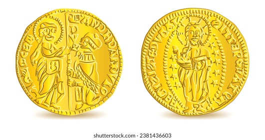 Obverse and reverse of Ancient Golden Ducat of Andrea Dandolo Venice coins isolated on white background in vector illustration 