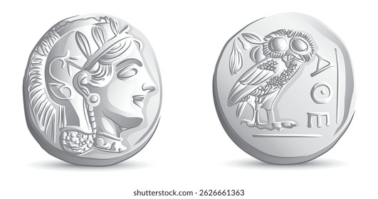 Obverse and reverse of Ancient Greece owl Athenian Tetradrachm silver coin isolated on white background in vector illustration.