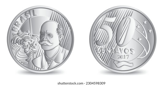 Obverse and reverse of brazil fifty centavos coin isolated on white background in vector illustration