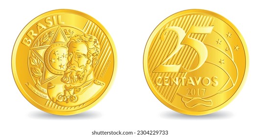 Obverse and reverse of brazil golden twenty five centavos coin isolated on white background in vector illustration