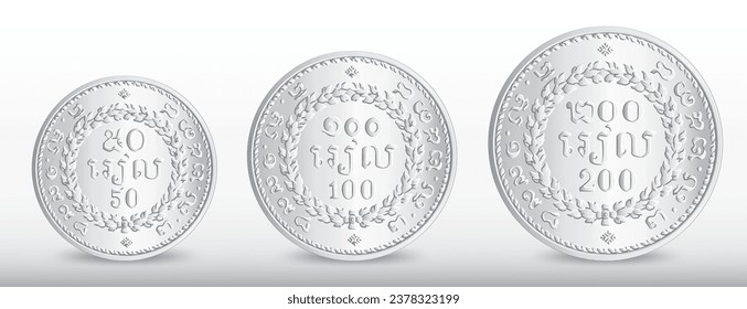 Obverse and Reverse of Cambodia 50, 100, 200 riels silver coin isolated on white Grey background in vector illustration. Translation : "50 Riels, 1994" "100 Riels, 1994."200 Riels, 1994".