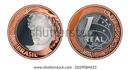 Obverse and reverse coin, One real Brazilian money. Vector illustration.