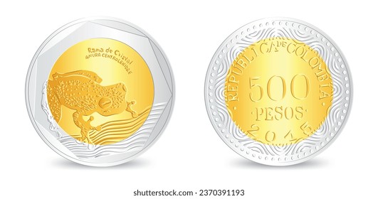 Obverse and reverse of colombia Golden silver five hundred pesos coin isolated on white background in vector illustration