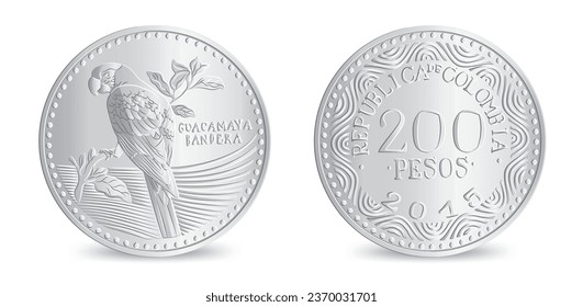 Obverse and reverse of colombia silver two hundred pesos coin isolated on white background in vector illustration