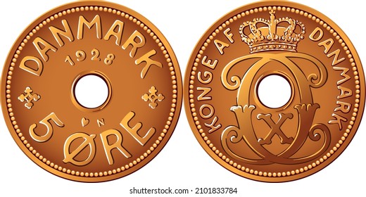 Obverse and reverse of Danish money tin-bronze 5 ore coin. Krone, official currency of Denmark, Greenland, and the Faroe Islands.