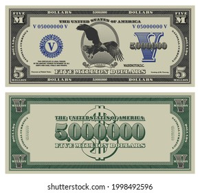 Obverse and reverse fictional US paper money with a flying eagle. Five million dollars banknote. Frame with guilloche mesh and blue bank seal