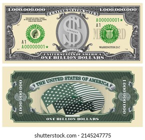 Obverse and reverse of a fictitious one billion dollar paper note. Vintage US money with security features, guilloche mesh and seals svg