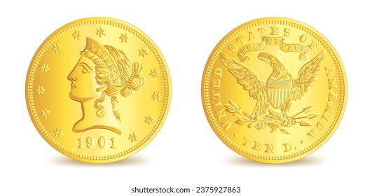 Obverse and Reverse of Golden American ten dollars coin isolated on white background in vector illustration