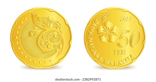 Obverse and Reverse of malaysian Golden fifty sen coin isolated on white background in vector illustration
