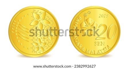 Obverse and Reverse of malaysian golden Twenty sen coin isolated on white background in vector illustration