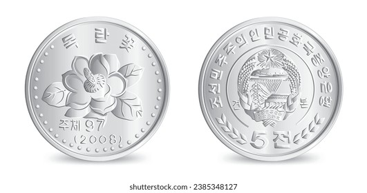 Rückseite und Rückseite der nordkoreanischen Fünf-Chon-Münze 2008 einzeln auf weißem Hintergrund auf Vektorgrafik