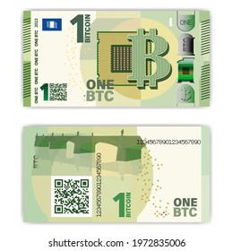 Obverse and reverse of paper money in the style of the European Union euro. One bitcoin is encoded in the QR-code. Computer processor and bridge