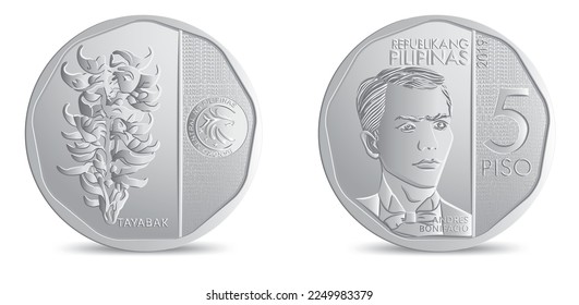 Obverse and reverse of philippines five piso coin isolated on white background in vector illustration