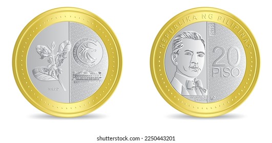 Obverse and reverse of philippines golden silver twenty piso coin isolated on white background in vector illustration