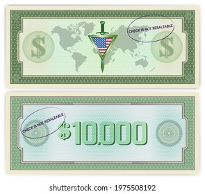 Obverse and reverse of a sample of a 10,000 dollars paper check with a seal. Green frame with guilloche grids. USA flag sword and shield