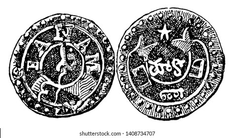 Obverse and Reverse Sides of Fanam of Madras which is the obverse and reverse sides of the fanam, vintage line drawing or engraving illustration.
