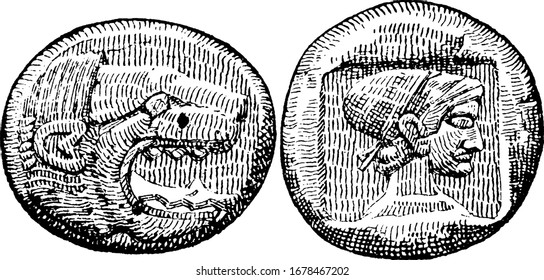 The obverse and reverse sides of one of the earliest coins. It shows ancient greek money in three images, vintage line drawing or engraving 