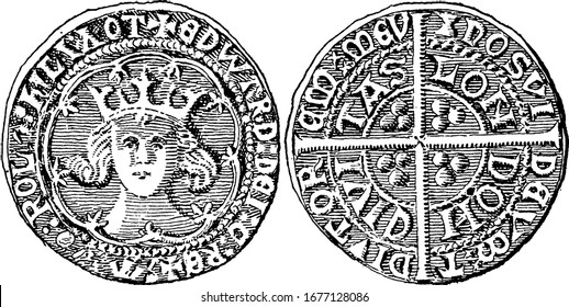 The obverse and reverse sides of a silver groat during the reign of Edward III, It shows medieval coin of ancient money in it, vintage line drawing or engraving 