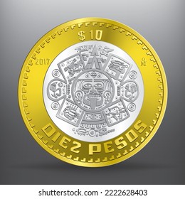 Obverse of Shiny golden silver mexican Ten pesos coin isolated on grey background in vector illustration