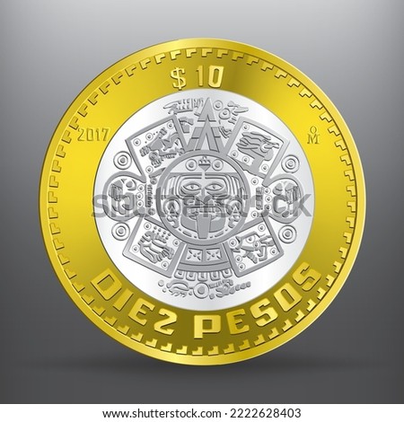 Obverse of Shiny golden silver mexican Ten pesos coin isolated on grey background in vector illustration