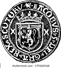 The obverse side of an écu of James V of Scotland, a Scotch gold coin also called a crown, vintage line drawing or engraving illustration.