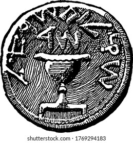 The obverse side of the Shekel, an ancient silver coin used in Mesopotamia and Jerusalem, vintage line drawing or engraving illustration.