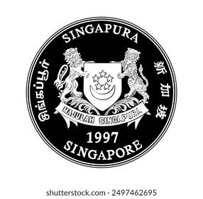 Obverse of Singapore cent coin. Translation: "Singapore". The coin is depicted in black and white. Vector.