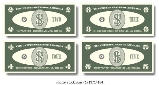 Obverse, US fictitious green paper money in denominations of  two, three, four and five dollars Part four