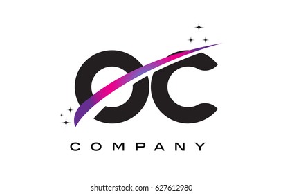 OC O C Black Letter Logo Design with Purple Magenta Swoosh and Stars.