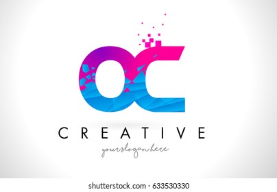 OC O C Letter Logo with Broken Shattered Blue Pink Triangles Texture Design Vector Illustration.