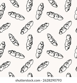 Oca or tuberous wood sorrel seamless pattern. Repeating vector background with South American potato in for wrapping, sign, print, menu, label, card. Food ingredient, nutrition, exotic plant