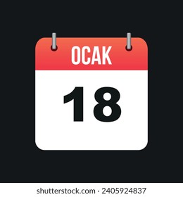 Ocak 18, Red and White Color Calendar Page Black Outline