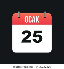Ocak 25, Red and White Color Calendar Page Black Outline