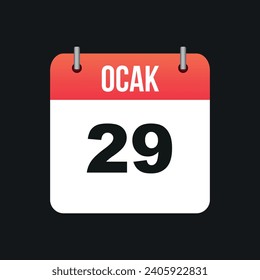 Ocak 29, Red and White Color Calendar Page Black Outline
