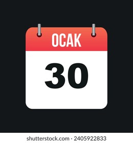 Ocak 30, Color rojo y blanco página Calendario Esquema negro