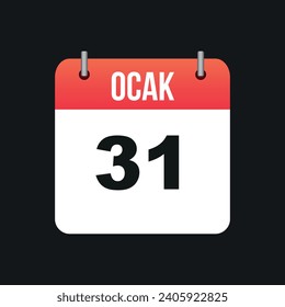 Ocak 31, Color rojo y blanco Página Calendario Esquema negro