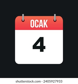 Ocak 4, Red and White Color Calendar Page Black Outline