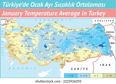 Ocak Ayı Sıcaklık Ortalaması, Türkiyede Ocak Ayı Sıcaklık Ortalaması, Sıcaklık, Isı, Ocak Ayı Harita, January Teperature Average in Turkey, Coğrafya Haritaları, Sıcaklık Harita, Harita, Vektör