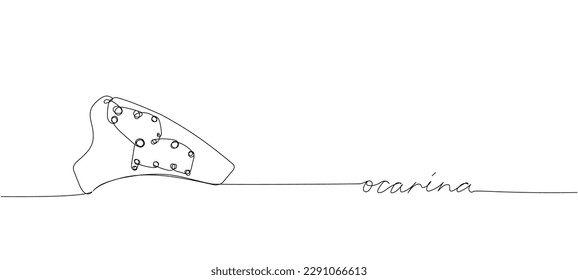 Ocarina one line art. Continuous line drawing of instrument, musical, sound, ukrainian, flute, wind, clay, ceramic, folk, blow, whistle, melody, musician with an inscription, lettering, handwritten.
