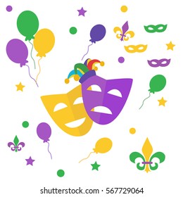 The occasion. The Mardi Gras carnival with balloons, carnival masks, Fleur-de-Lis, the Comedy and tragedy masks, harlequin, beads, garlands, fool's cap on a white background. Vector in cartoon style.