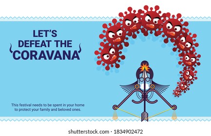 Occasion of Navratri Dussehra Festival. Social Message about Corona Pandemic to prevent Coronavirus Disease COVID-19. Lord Rama with mask, killing CoRavana demon Ravan using bow and arrow on Dasara.