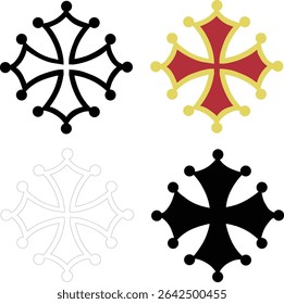 Occitan cross icon. Golden and red occitan cross sign. Black occitan cross symbol. flat style.