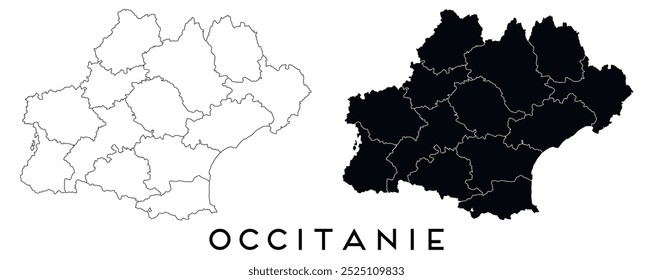 Occitanie map of regions districts vector black on white and outline