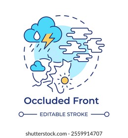 Occluded front multi color concept icon. Cold air catching up to warm formation. Atmospheric phenomena. Round shape line illustration. Abstract idea. Graphic design. Easy to use in presentation