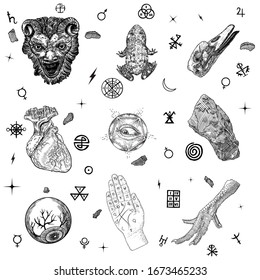 Occult alchemy symbols elements set. Human eye, anatomical heart, palmistry hand, toad, chicken toes, all seeing eye,  and magic stone or crystal. Duck bird skull, demon or evil head. Spiritual Vector