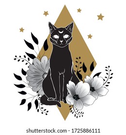 Occult Black Cat. Halloween witch cat. Floral and leafs vector illustration. 